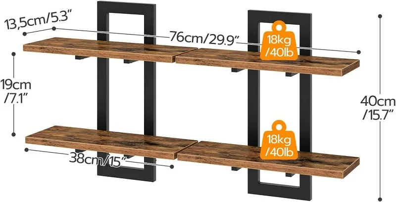 2 Tier Rustic Wood Floating Shelves With Sturdy Metal Frame Wall Shelf Organizer Rack For Living Room Bedroom Kitchen Bathroom