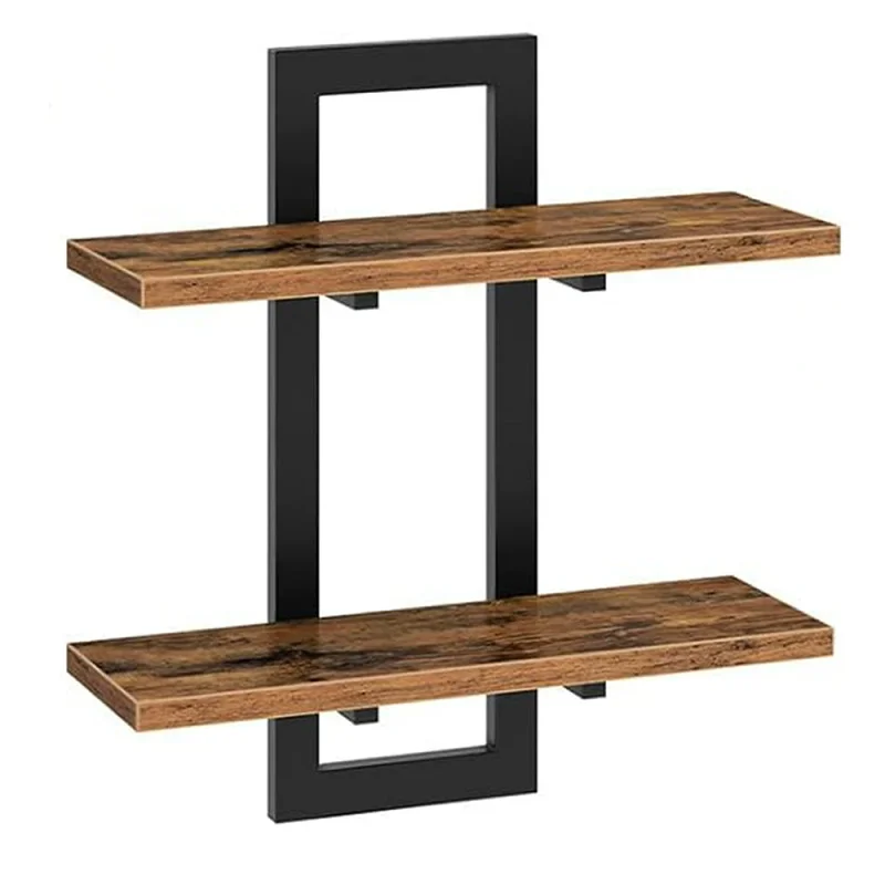2 Tier Rustic Wood Floating Shelves With Sturdy Metal Frame Wall Shelf Organizer Rack For Living Room Bedroom Kitchen Bathroom