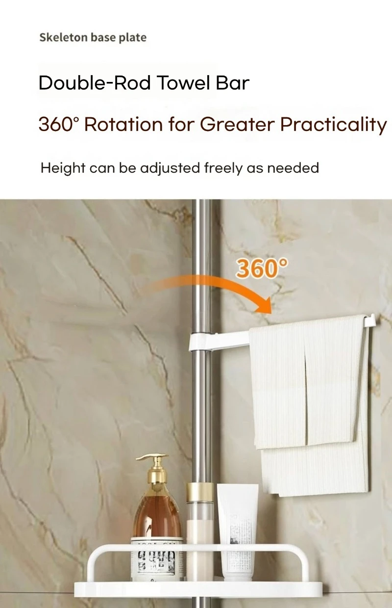 4 Tier Corner Bathroom Shelf Rustproof Stainless Steel Height Adjustable Punch-Free Floor-to-Ceiling Storage Rack for Bathroom