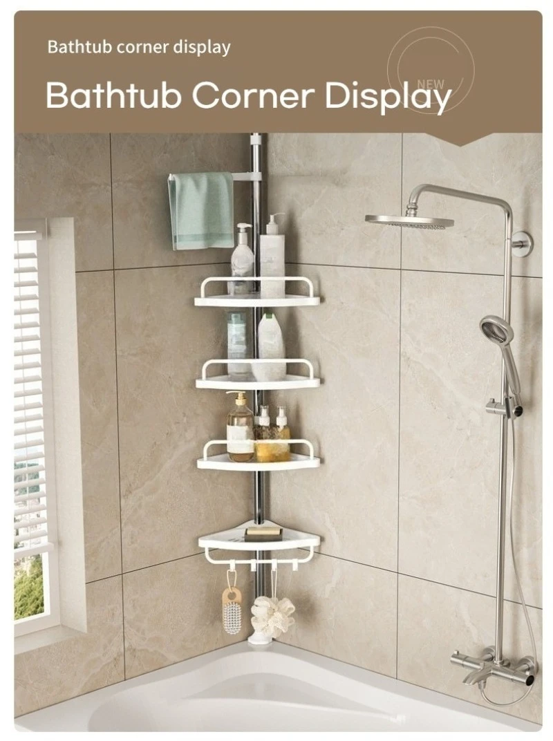 4 Tier Corner Bathroom Shelf Rustproof Stainless Steel Height Adjustable Punch-Free Floor-to-Ceiling Storage Rack for Bathroom