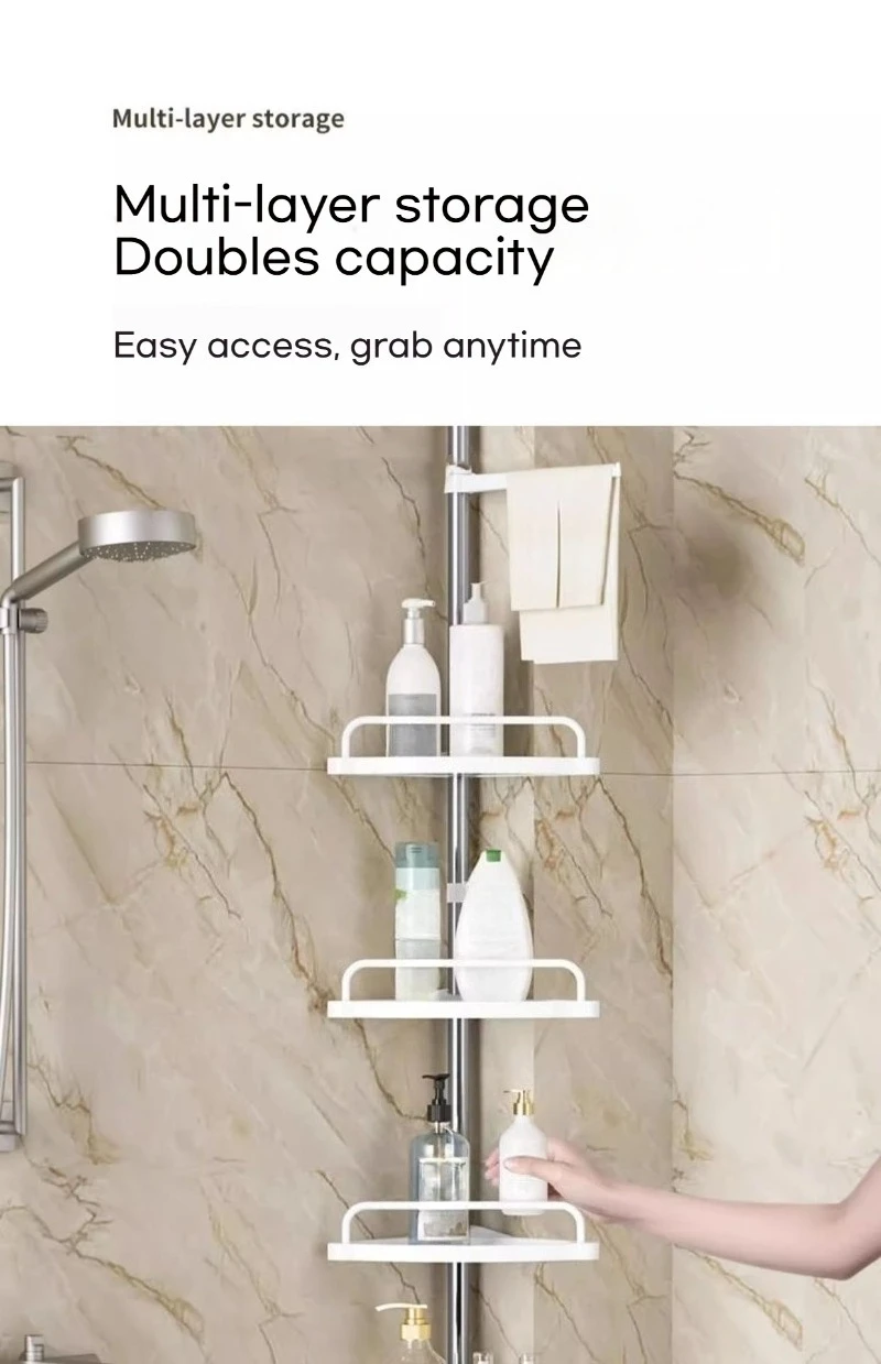 4 Tier Corner Bathroom Shelf Rustproof Stainless Steel Height Adjustable Punch-Free Floor-to-Ceiling Storage Rack for Bathroom