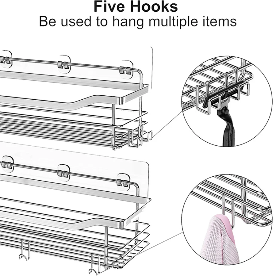 2 Pcs Rustproof Stainless Steel Bathroom Organizer with 5 Hooks,Large Capacity,No Drilling,Suitable for Bathroom Storage 2 Pcs Rustproof Stainless Steel Bathroom Organizer with 5 Hooks,Large Capacity,No Drilling,Suitable for Bathroom Storage