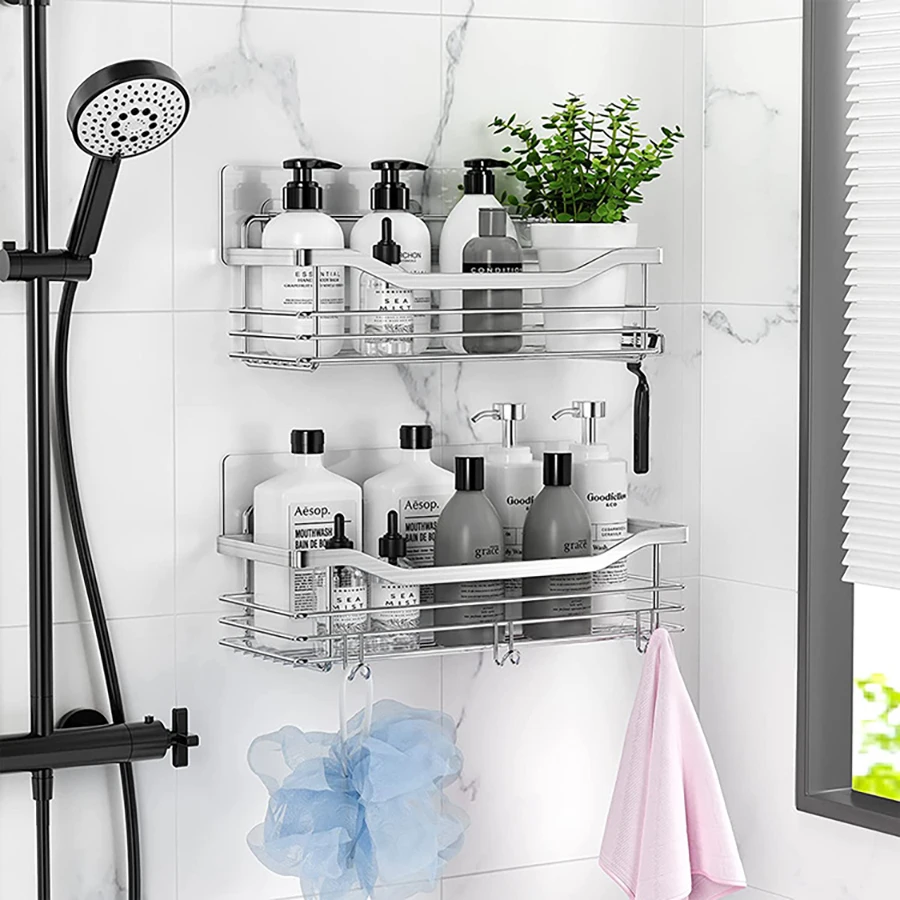 2 Pcs Rustproof Stainless Steel Bathroom Organizer with 5 Hooks,Large Capacity,No Drilling,Suitable for Bathroom Storage 2 Pcs Rustproof Stainless Steel Bathroom Organizer with 5 Hooks,Large Capacity,No Drilling,Suitable for Bathroom Storage