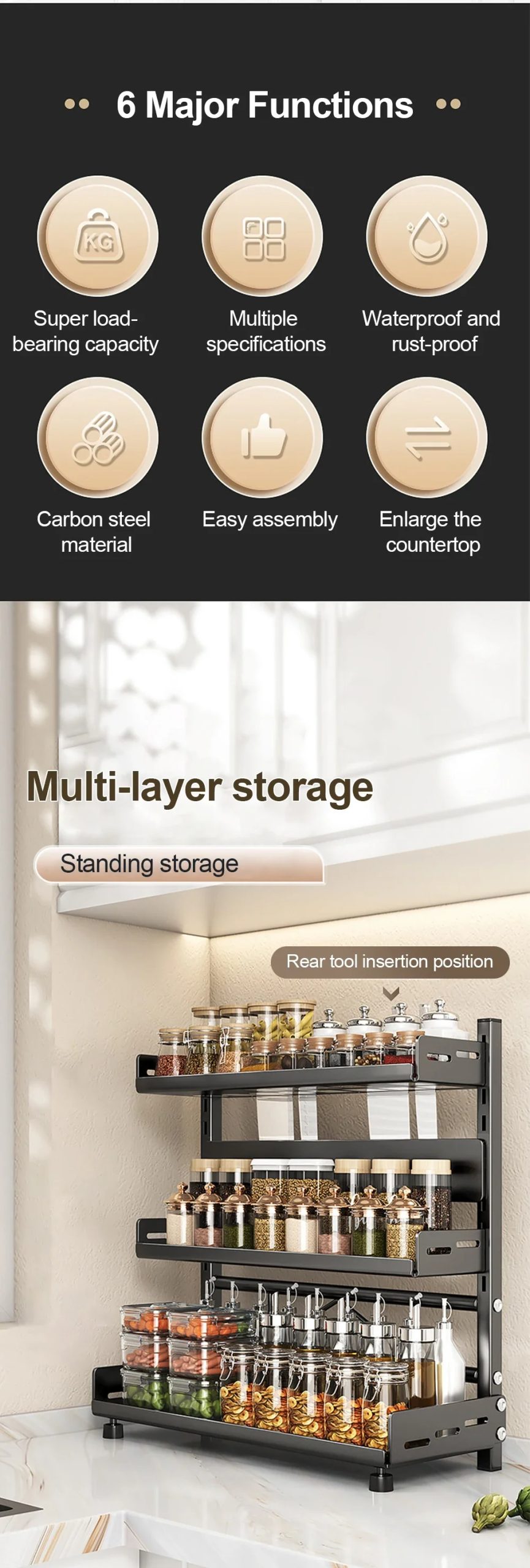 2-3 Tier Height-Adjustable Vertical Spice Rack Rustproof Metal Spice Storage Rack Kitchen Storage Rack And Decorative Piece