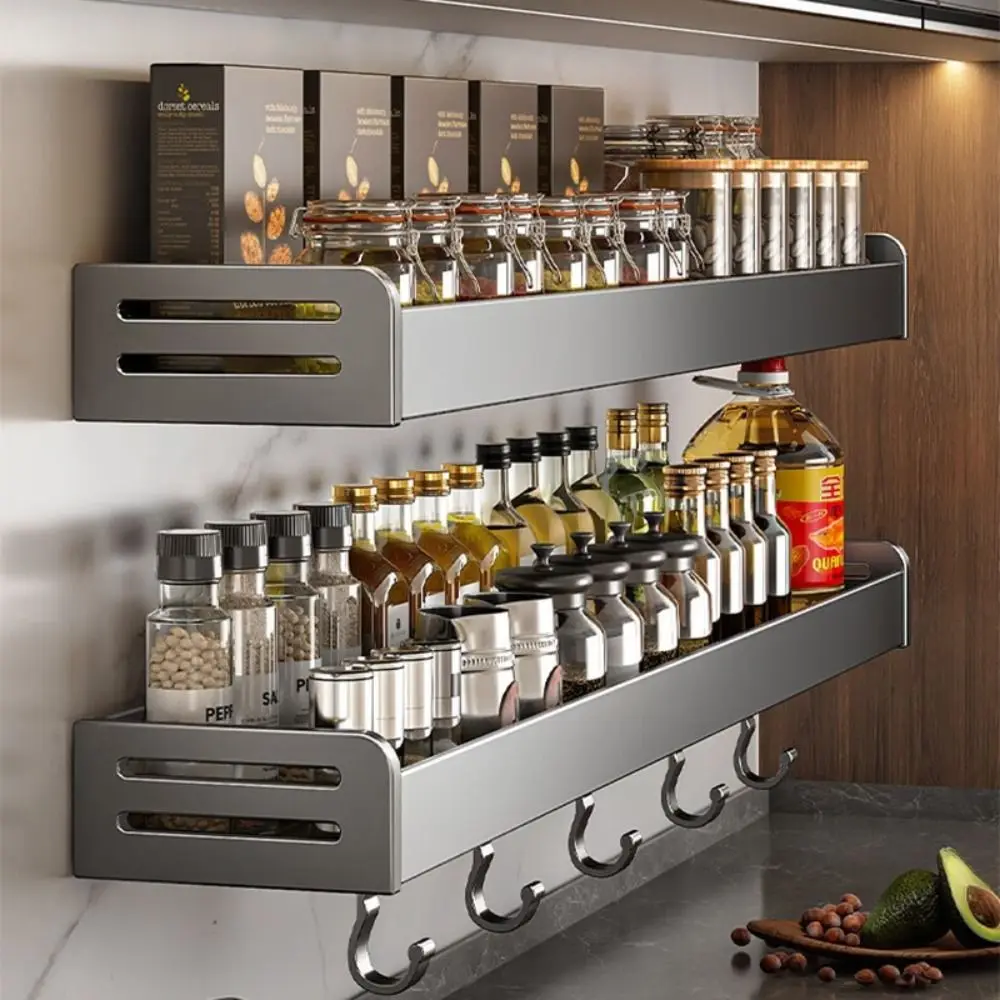 New Multifunctional Kitchen Spice Rack Wall Mounted with Hook Kitchen Organizer Space Saving Seasoning Rack Household