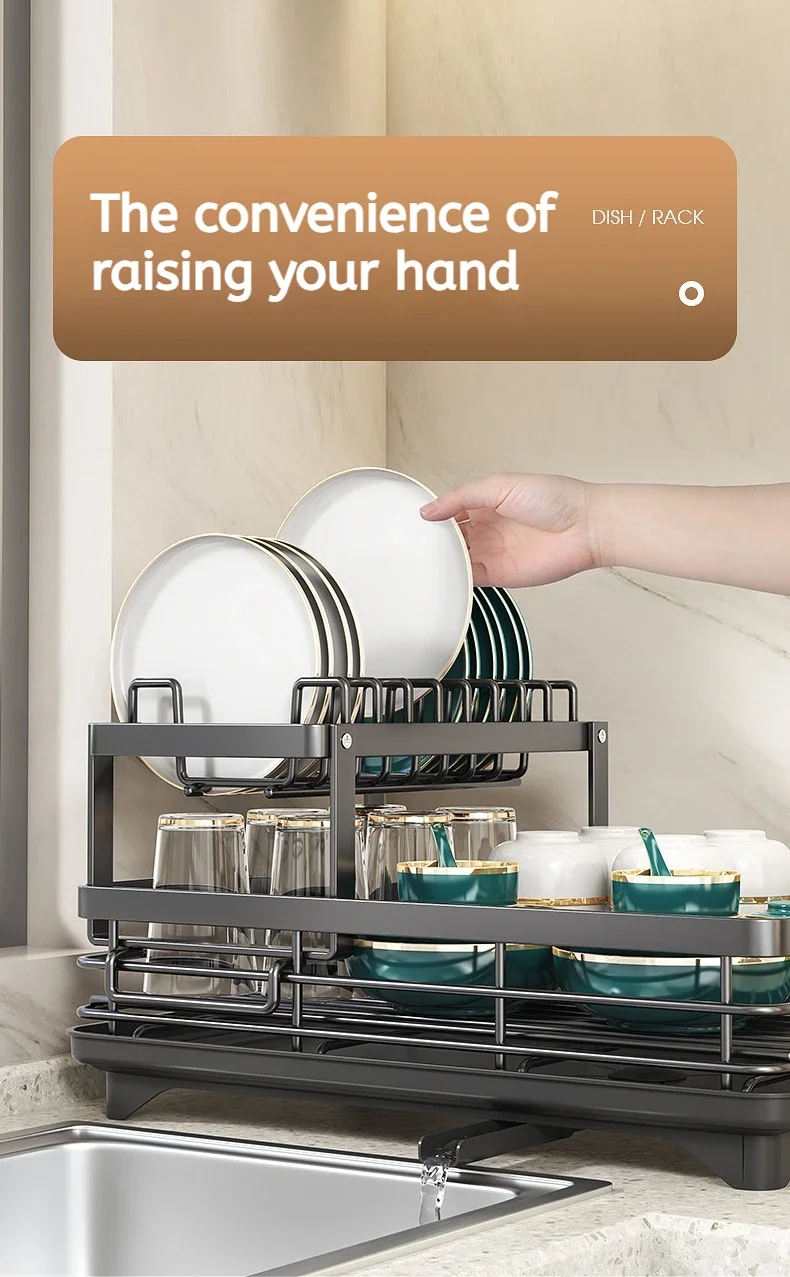 Multifunctional Kitchen Dish Drying Rack Adjustable Over Sink Plate Organizer with Removable Drainboard