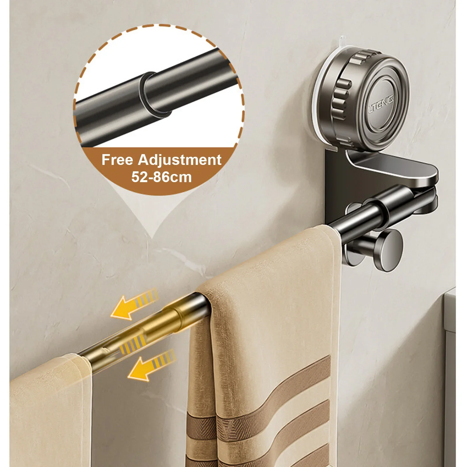 Adjustable Suction Cup Towel Holder Bathroom Hand Towel Rack Wall Mount No Drill Mount 50-85cm Towel Bar Aluminium with Hook