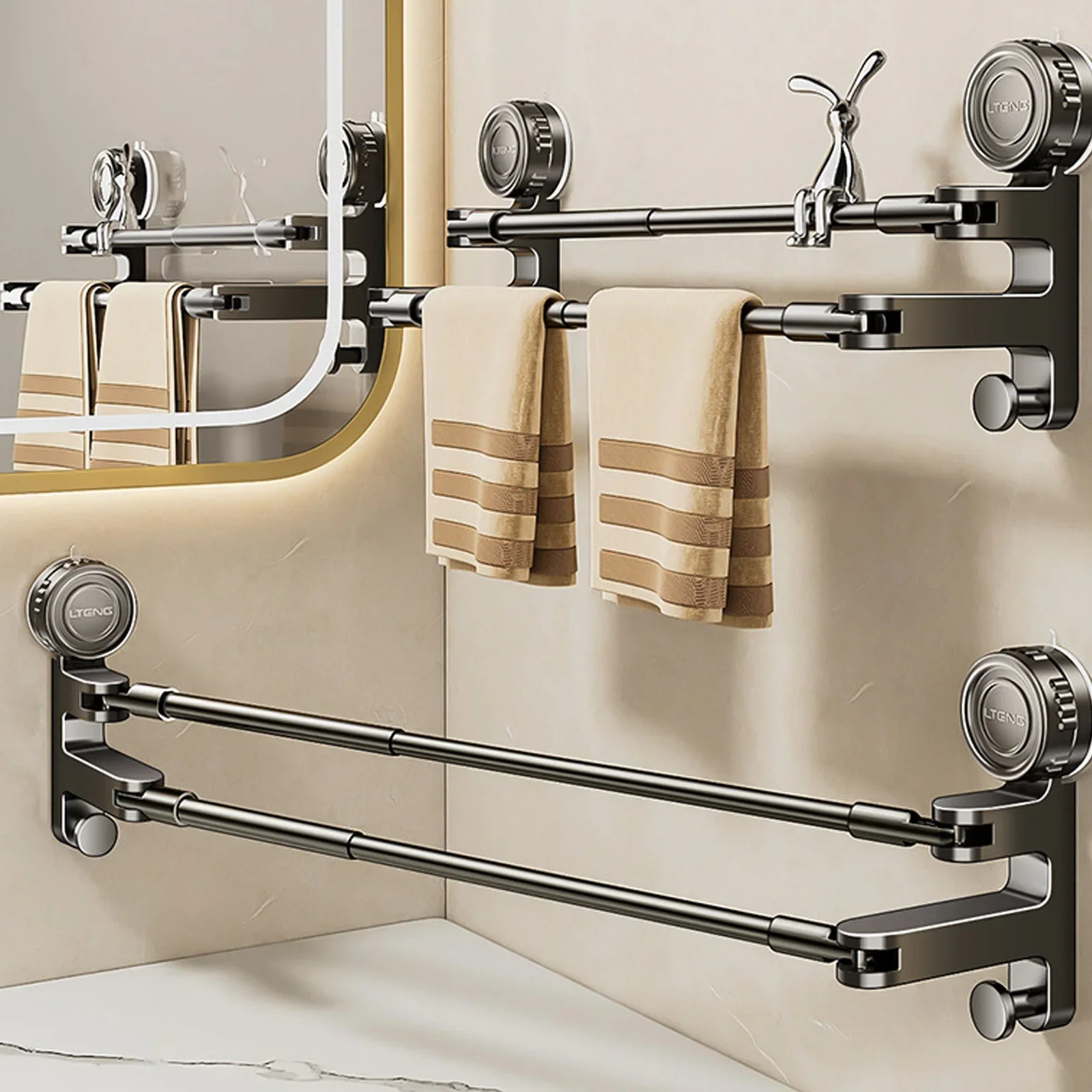 Adjustable Suction Cup Towel Holder Bathroom Hand Towel Rack Wall Mount No Drill Mount 50-85cm Towel Bar Aluminium with Hook
