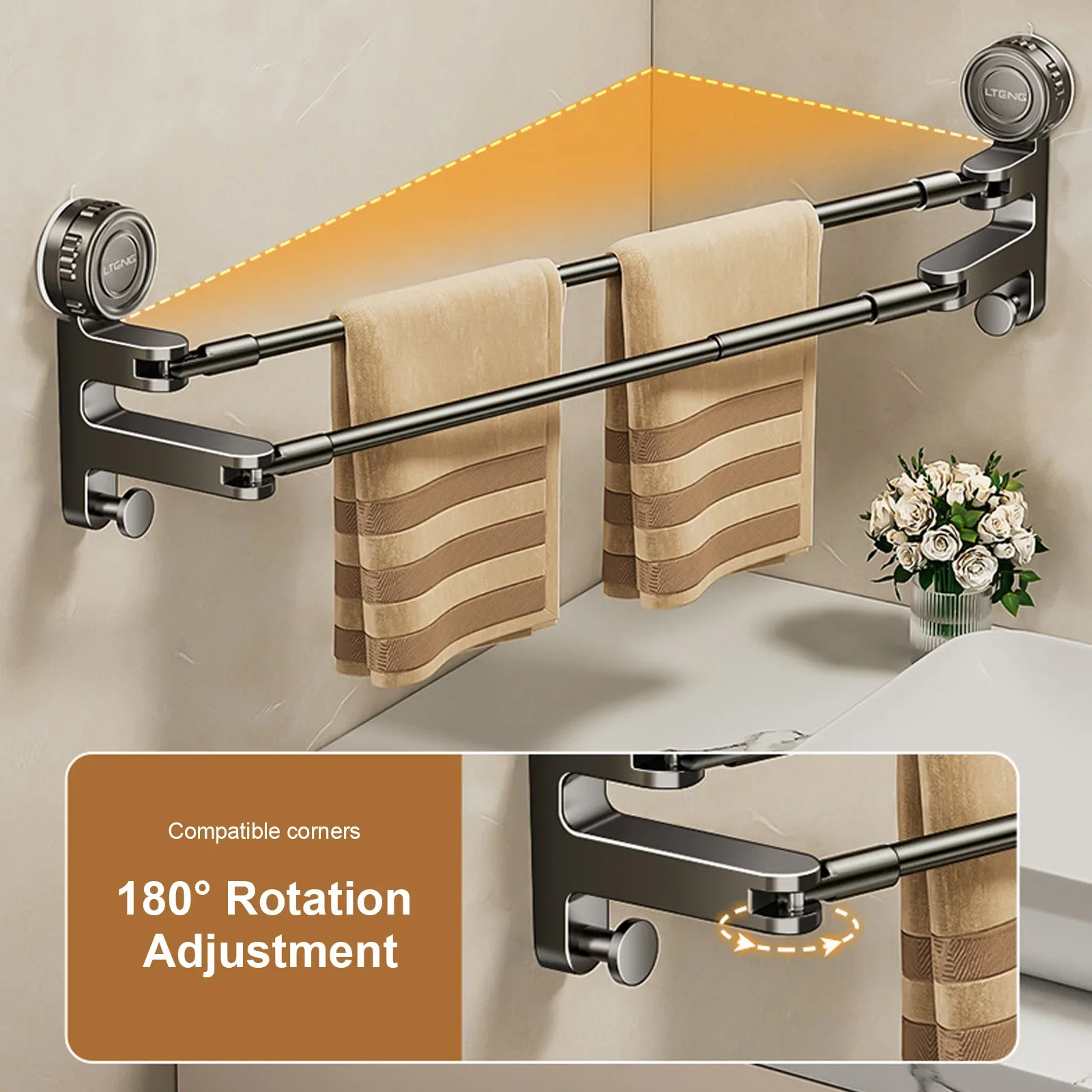Adjustable Suction Cup Towel Holder Bathroom Hand Towel Rack Wall Mount No Drill Mount 50-85cm Towel Bar Aluminium with Hook