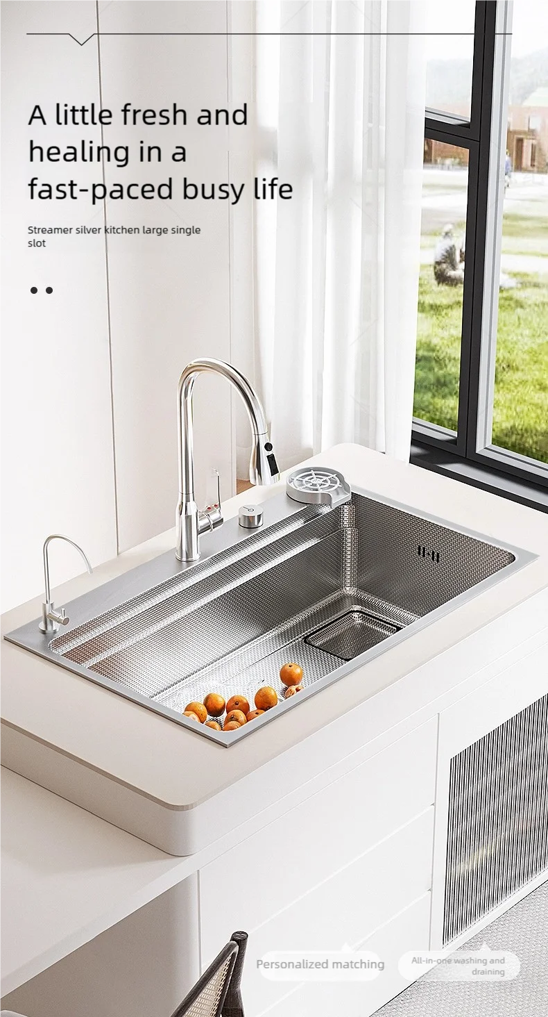 Antifouling Antiscratch Household 304 Stainless Steel Rice Granule Embossing Kitchen Sink Large Single Slot Dish Wash Bowl