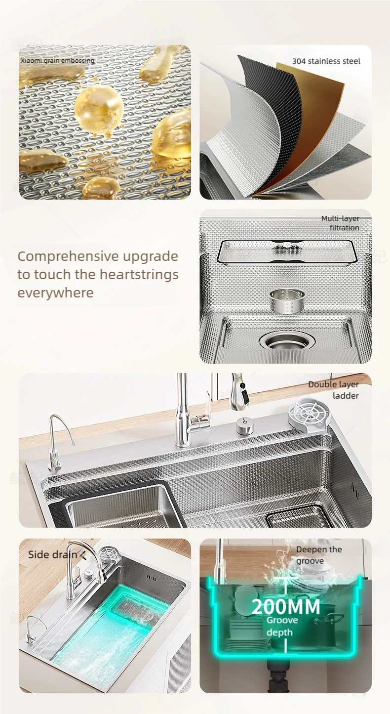 Antifouling Antiscratch Household 304 Stainless Steel Rice Granule Embossing Kitchen Sink Large Single Slot Dish Wash Bowl