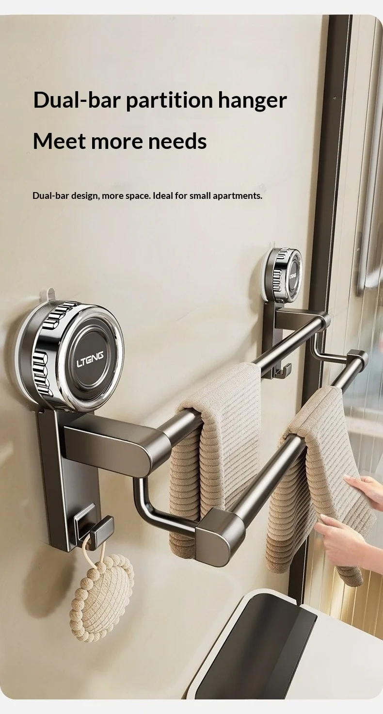 Bathroom Suction Cup Towel Rack No Drill Double Bar Wall Mounted Towel Rod Storage Shelf Space Saving Bathroom Accessories