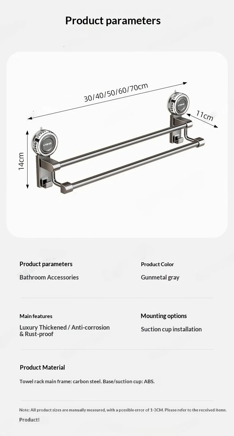 Bathroom Suction Cup Towel Rack No Drill Double Bar Wall Mounted Towel Rod Storage Shelf Space Saving Bathroom Accessories