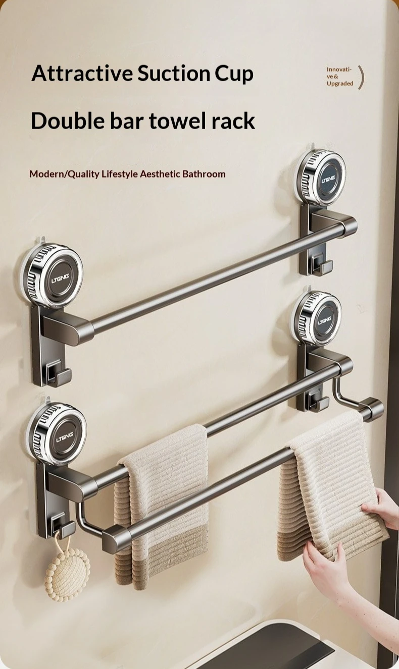 Bathroom Suction Cup Towel Rack No Drill Double Bar Wall Mounted Towel Rod Storage Shelf Space Saving Bathroom Accessories