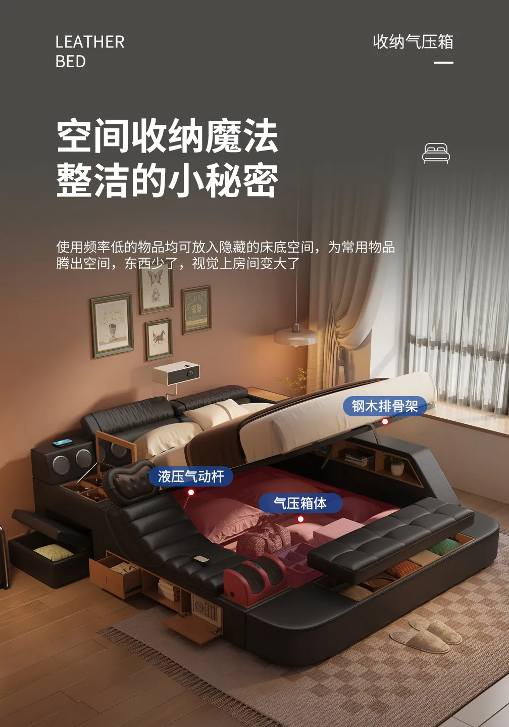 Black Decoration Double Bed Organizer Italian King Size Bases Double Bed Smart Headboards Bedframe Camas De Dormitorio Furniture