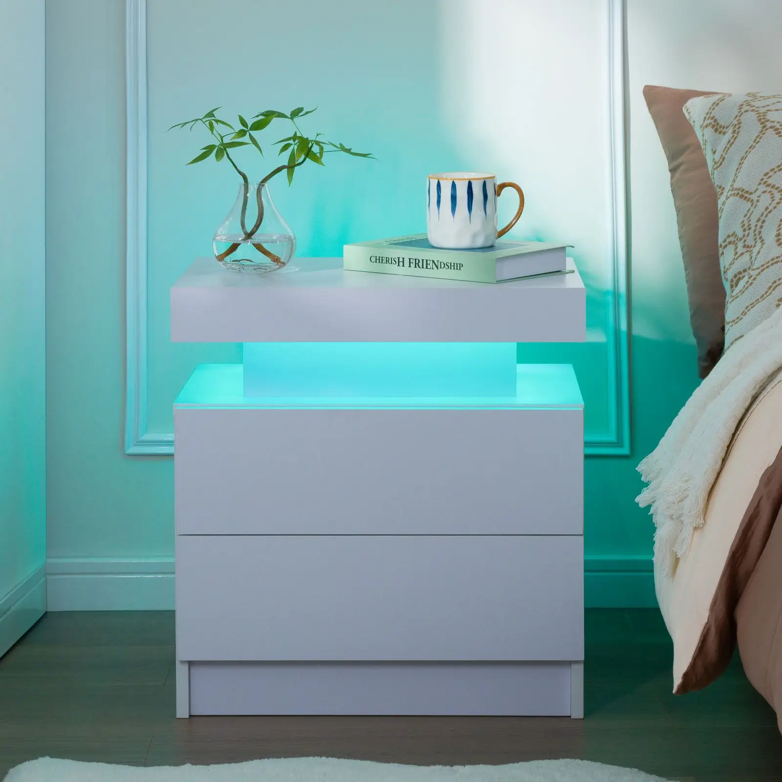 Cubehom Nightstand Set of 2 LED Nightstand with 2 Drawers Space Saving Furnitures Cubehom Nightstand Set of 2 LED Nightstand with 2 Drawers Space Saving Furnitures