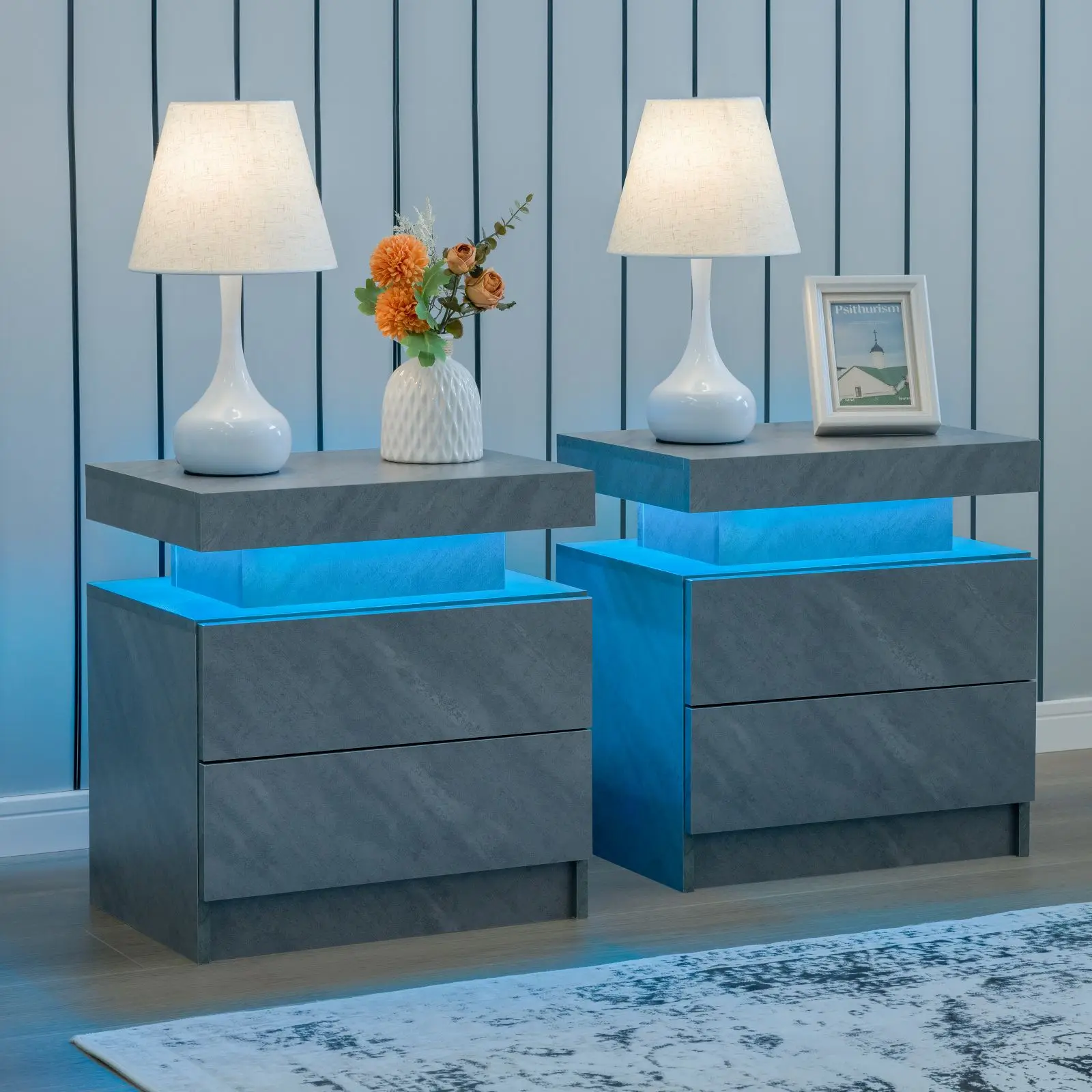 Cubehom Nightstand Set of 2 LED Nightstand with 2 Drawers Cubehom Nightstand Set of 2 LED Nightstand with 2 Drawers