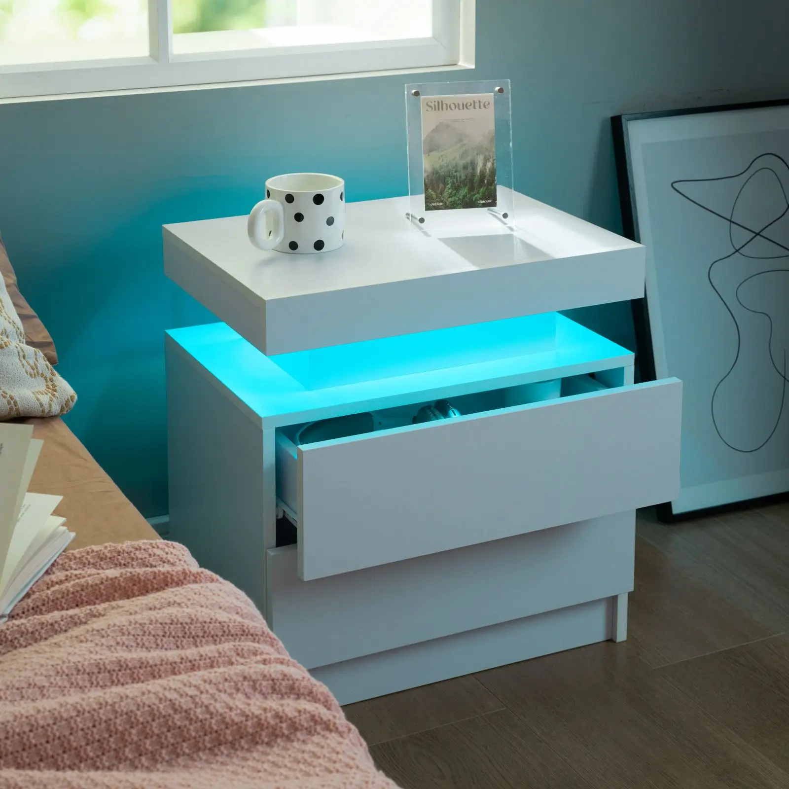 Cubehom Nightstand Set of 2 LED Nightstand with 2 Drawers Space Saving Furnitures Cubehom Nightstand Set of 2 LED Nightstand with 2 Drawers Space Saving Furnitures