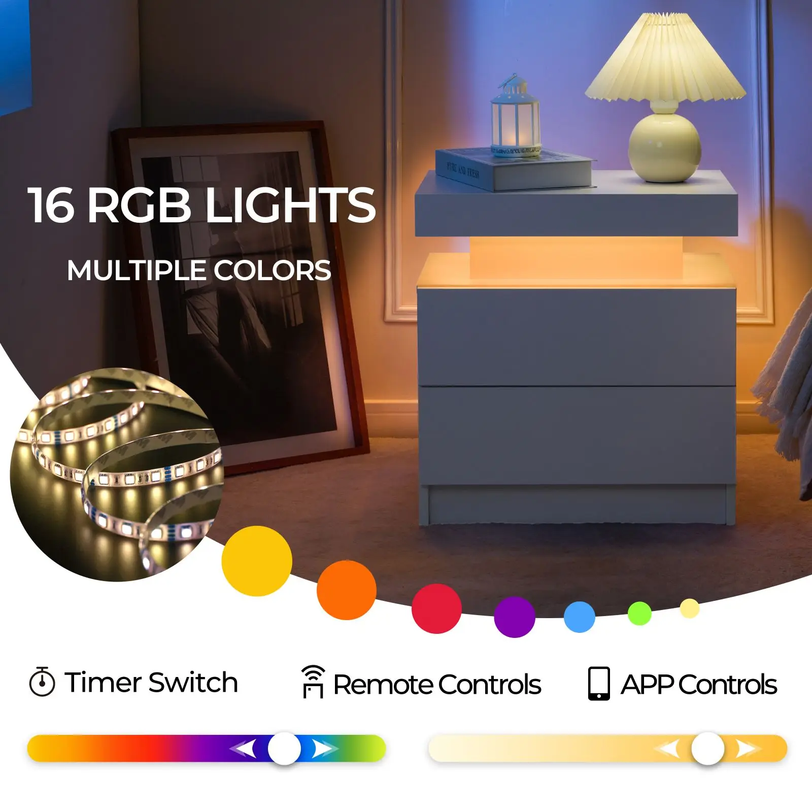 Cubehom Nightstand Set of 2 LED Nightstand with 2 Drawers Cubehom Nightstand Set of 2 LED Nightstand with 2 Drawers