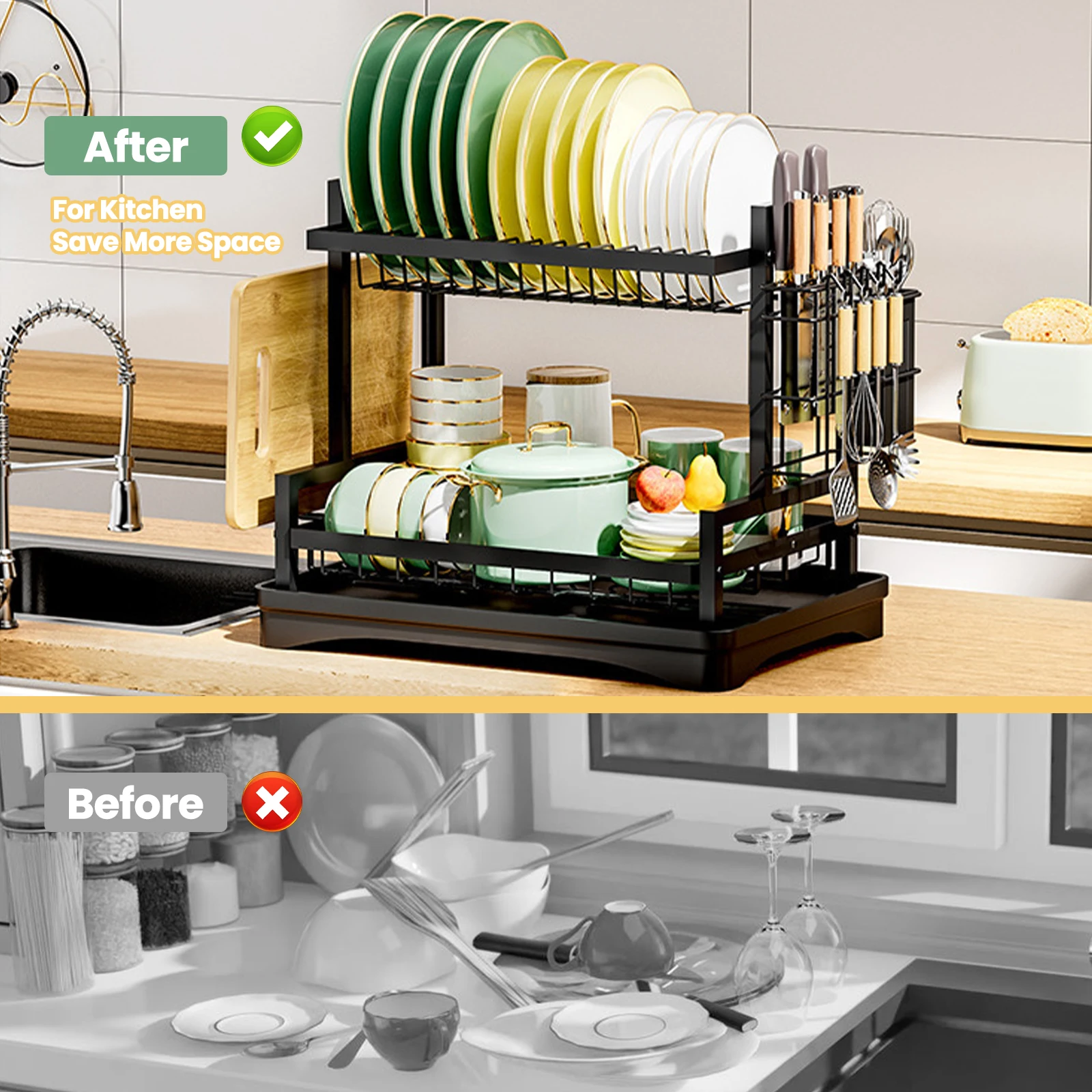 Dish Drainer Rack 2 Tier Rustproof Dish Drainer Rack with Drip Tray and Utensils Holder with 360&deg; Swivel Spout Drain Board Set