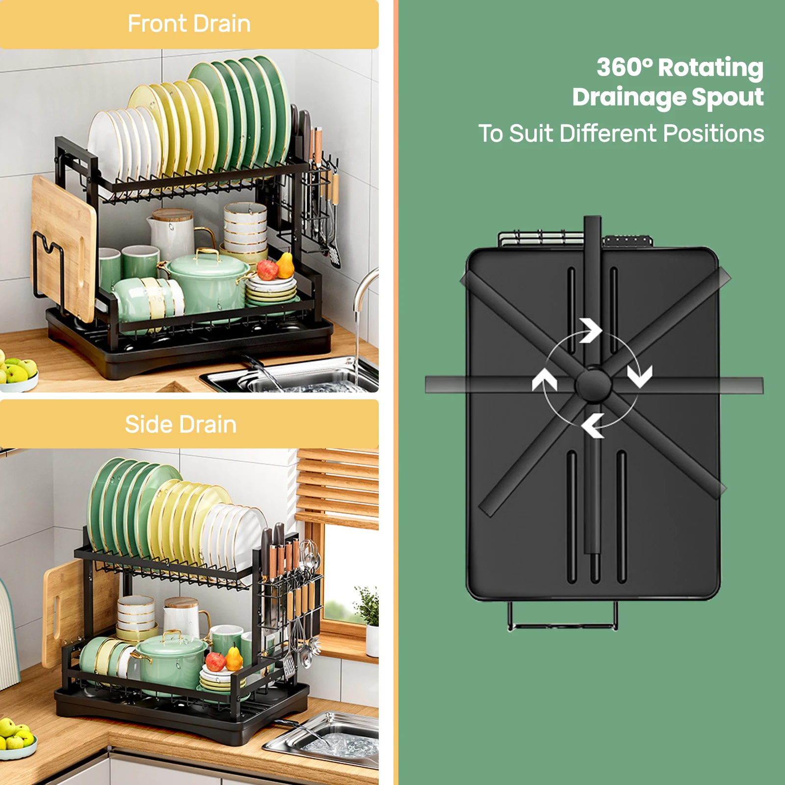 Dish Drainer Rack 2 Tier Rustproof Dish Drainer Rack with Drip Tray and Utensils Holder with 360&deg; Swivel Spout Drain Board Set