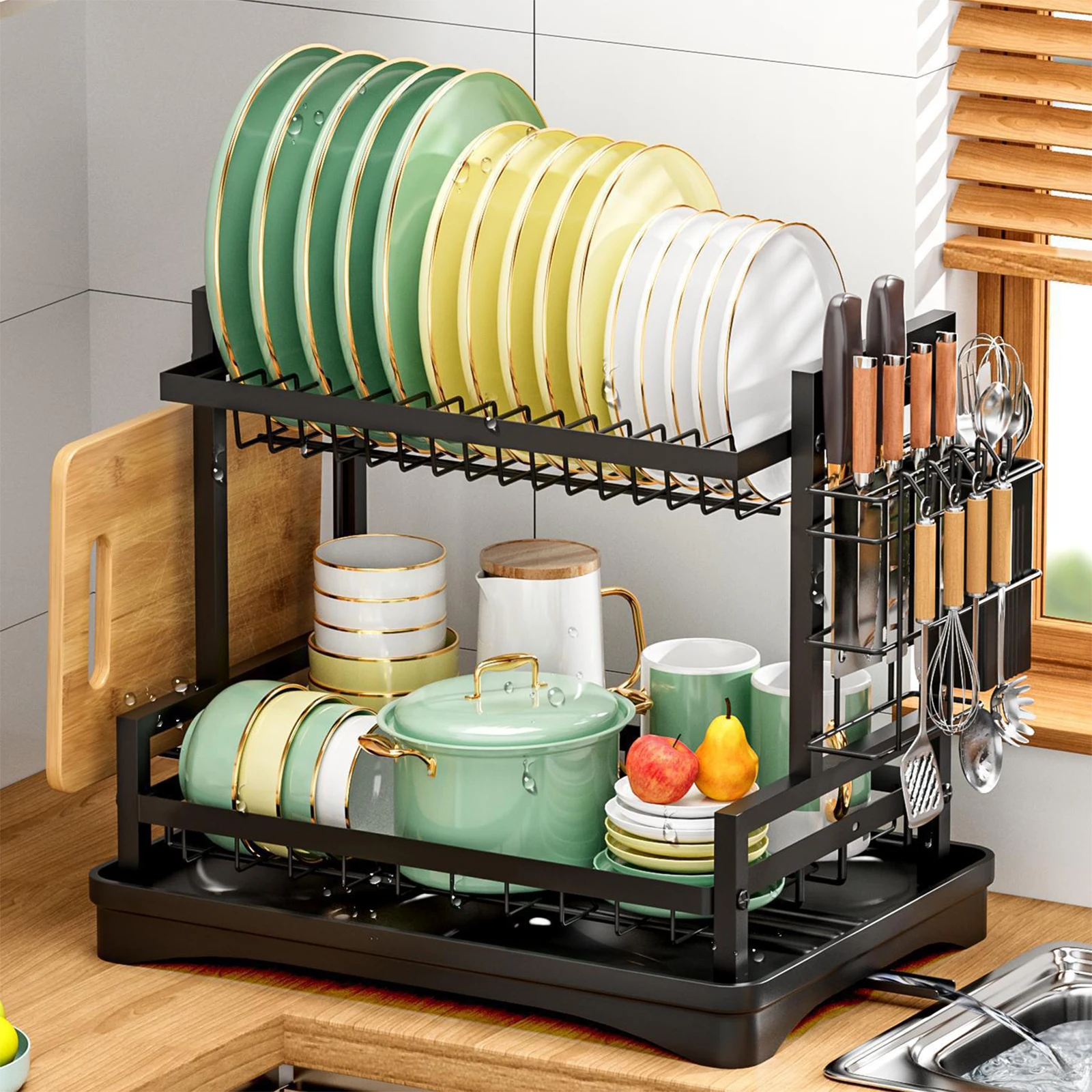 Dish Drainer Rack 2 Tier Rustproof Dish Drainer Rack with Drip Tray and Utensils Holder with 360&deg; Swivel Spout Drain Board Set