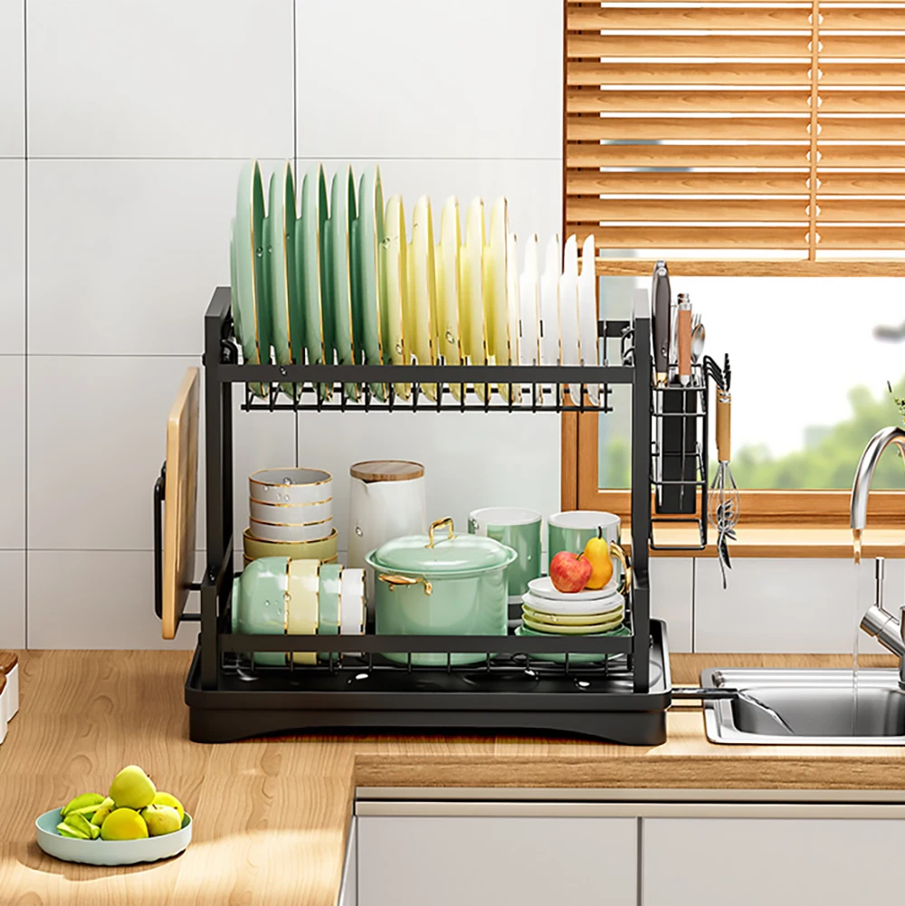 Dish Drainer Rack 2 Tier Rustproof Dish Drainer Rack with Drip Tray and Utensils Holder with 360&deg; Swivel Spout Drain Board Set