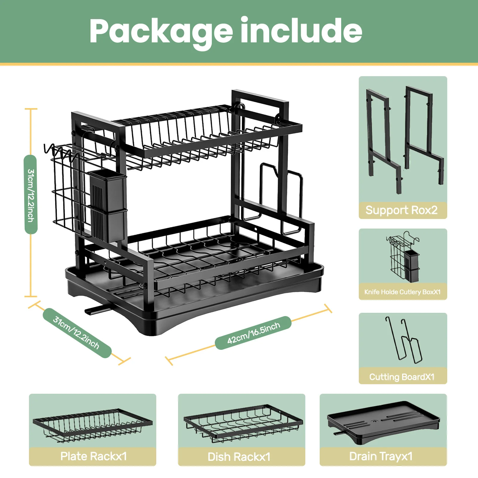 Dish Drainer Rack 2 Tier Rustproof Dish Drainer Rack with Drip Tray and Utensils Holder with 360&deg; Swivel Spout Drain Board Set