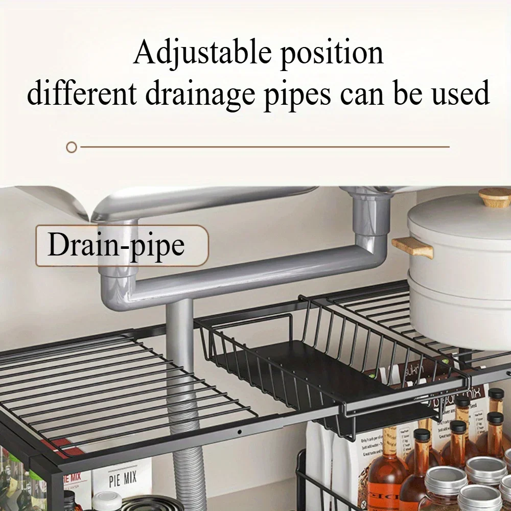 Double Layered Storage Rack Under Sink - Adjustable Sliding Rail With Wire Sliding Pull, Can Store More Things and Save Space Double Layered Storage Rack Under Sink - Adjustable Sliding Rail With Wire Sliding Pull, Can Store More Things and Save Space