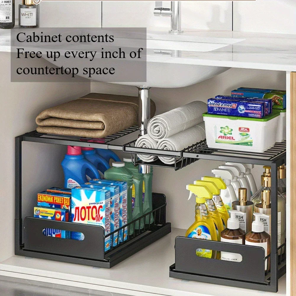 Double Layered Storage Rack Under Sink - Adjustable Sliding Rail With Wire Sliding Pull, Can Store More Things and Save Space Double Layered Storage Rack Under Sink - Adjustable Sliding Rail With Wire Sliding Pull, Can Store More Things and Save Space