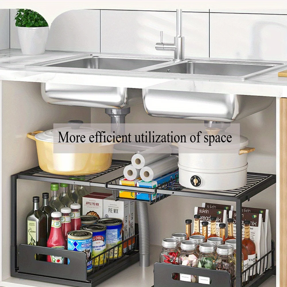 Double Layered Storage Rack Under Sink - Adjustable Sliding Rail With Wire Sliding Pull, Can Store More Things and Save Space Double Layered Storage Rack Under Sink - Adjustable Sliding Rail With Wire Sliding Pull, Can Store More Things and Save Space