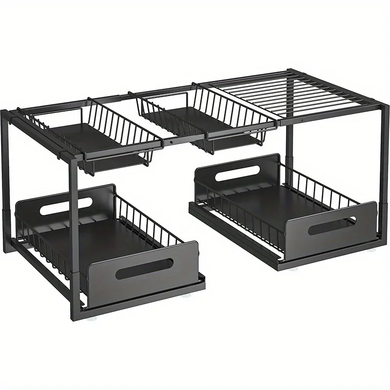 Double Layered Storage Rack Under Sink - Adjustable Sliding Rail With Wire Sliding Pull, Can Store More Things and Save Space Double Layered Storage Rack Under Sink - Adjustable Sliding Rail With Wire Sliding Pull, Can Store More Things and Save Space