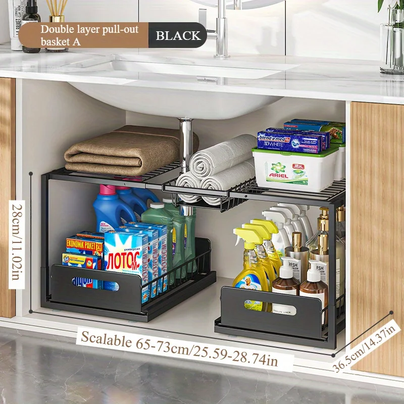 Double Layered Storage Rack Under Sink - Adjustable Sliding Rail With Wire Sliding Pull, Can Store More Things and Save Space Double Layered Storage Rack Under Sink - Adjustable Sliding Rail With Wire Sliding Pull, Can Store More Things and Save Space