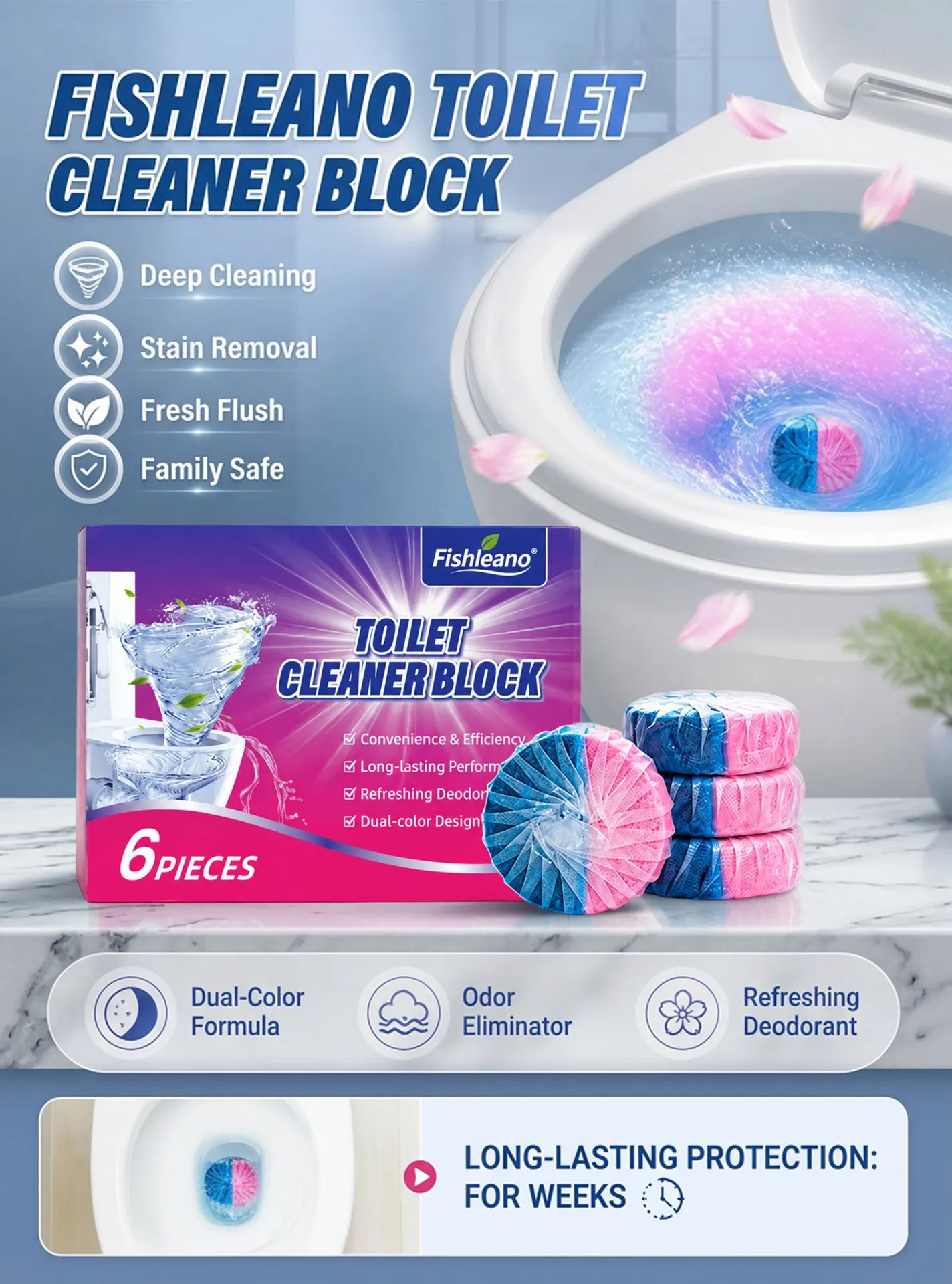 Dual‑Color Toilet Cleaner Block 6Pcs Long‑Lasting Deodorant Automatic Flush Toilet Bowl Cleaners Remove Limescale Stain Fresh