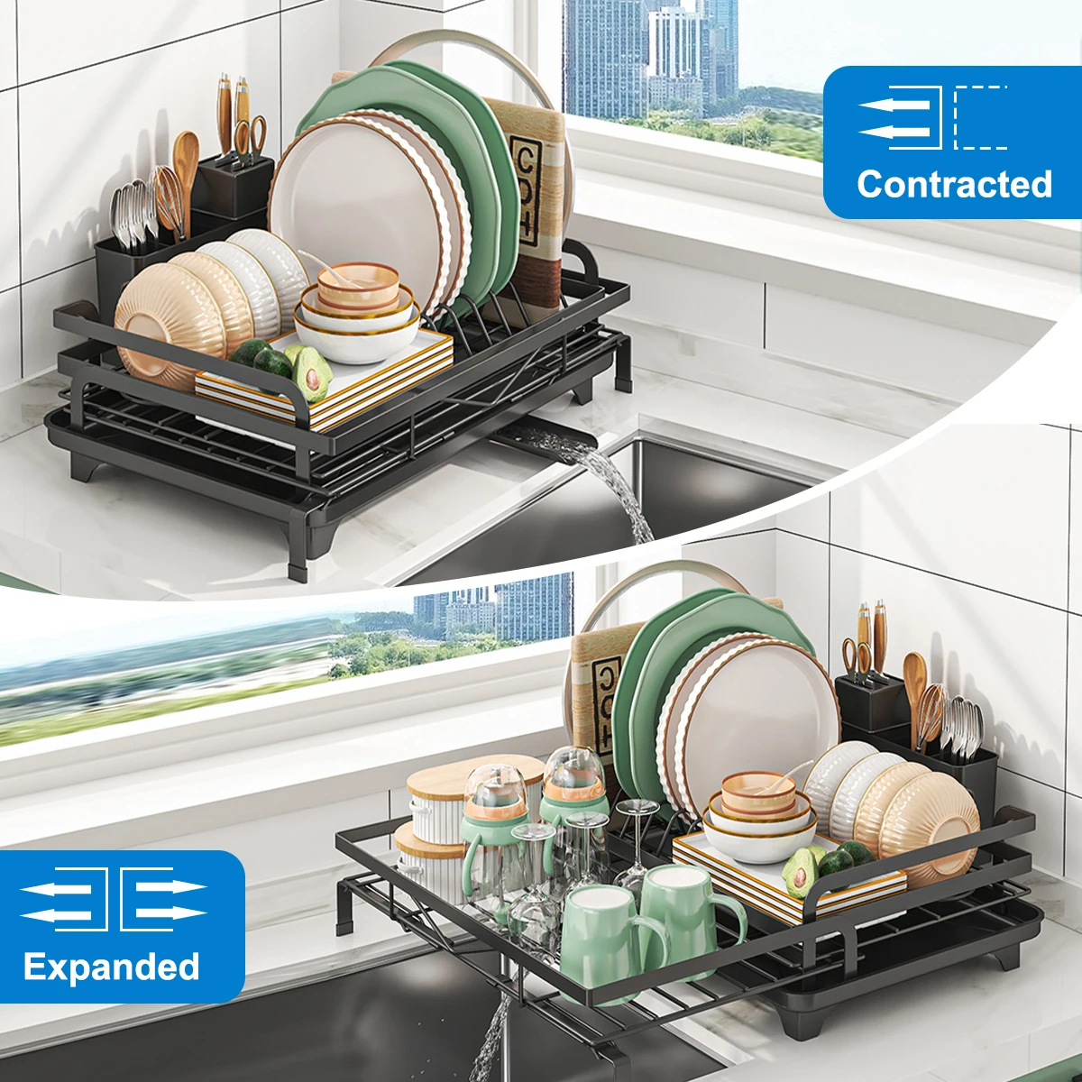Expandable Dish Drying Rack with Cutlery Holder and Swivel Drainage Spout Kitchen Gadgets Expandable Dish Drying Rack with Cutlery Holder and Swivel Drainage Spout Kitchen Gadgets