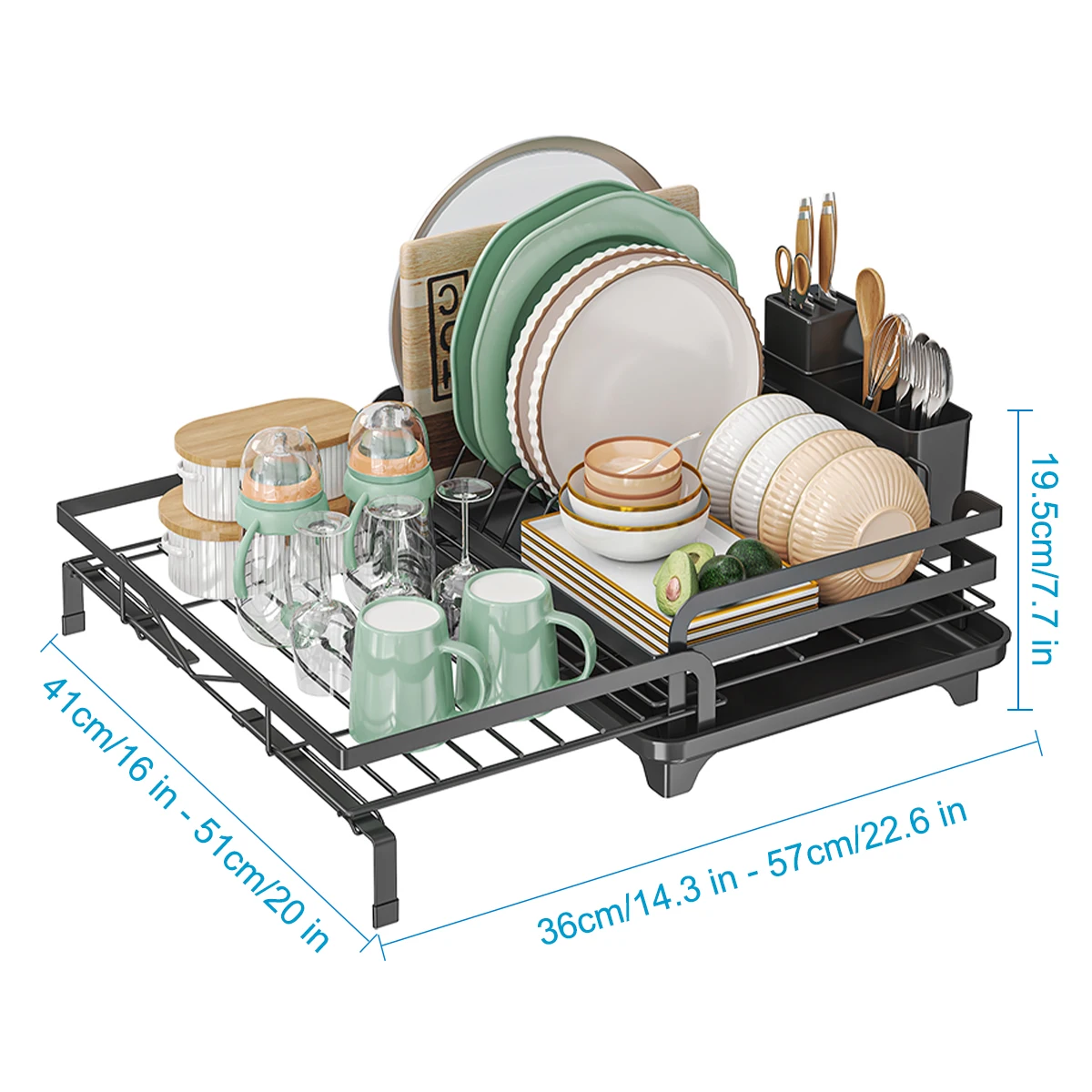 Dish Drainer Rack, Expandable Dish Drying Rack with Cutlery Holder and Swivel Drainage Spout, Dish Rack for Kitchen Counter