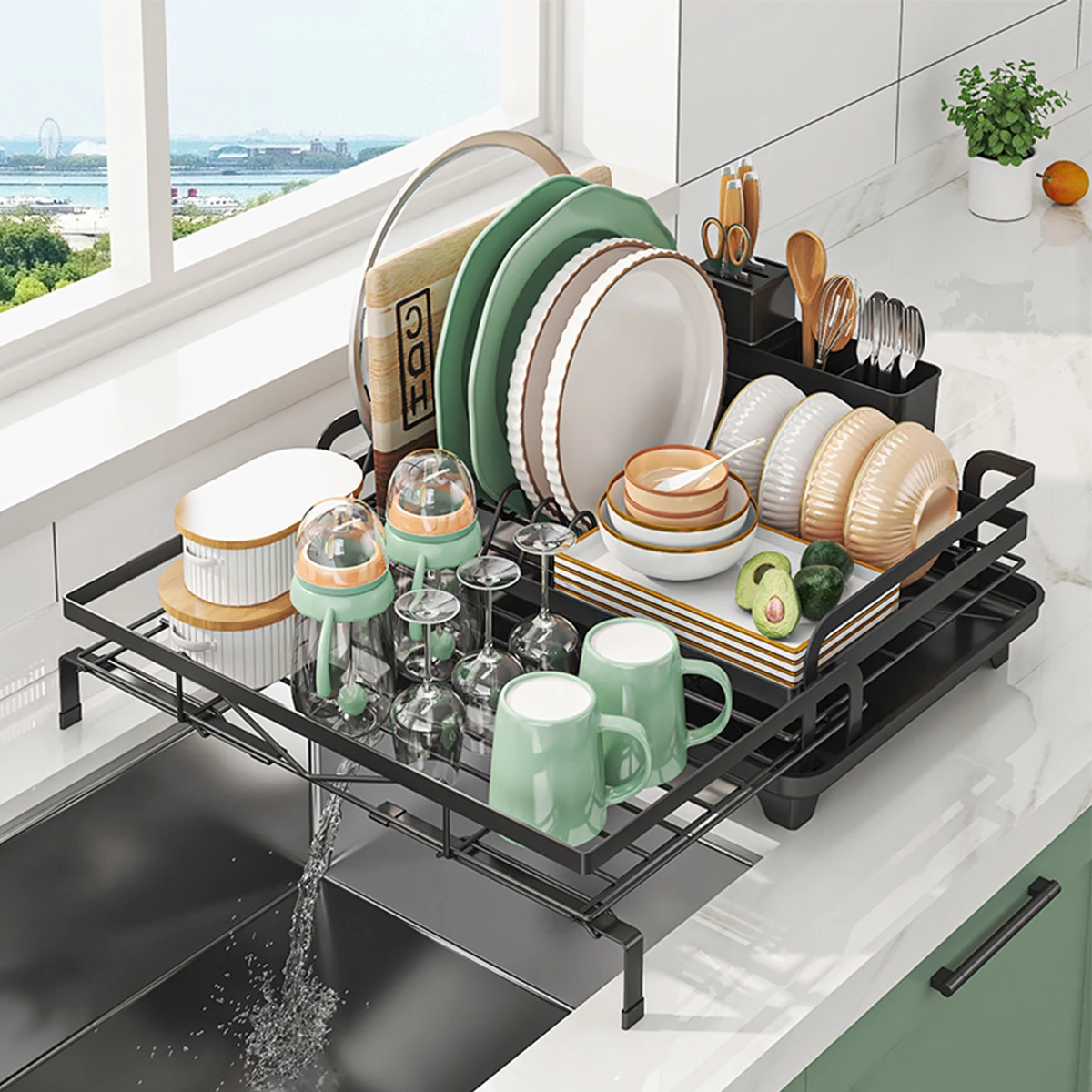Expandable Dish Drying Rack with Cutlery Holder and Swivel Drainage Spout Kitchen Gadgets Expandable Dish Drying Rack with Cutlery Holder and Swivel Drainage Spout Kitchen Gadgets