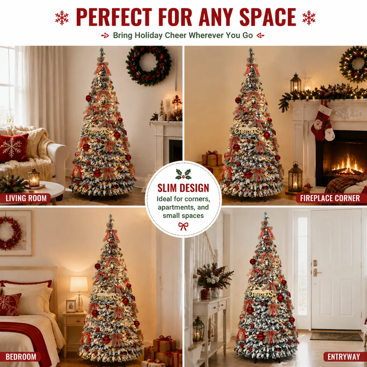 Foldable Christmas Tree with LED Lights Snow Flocked Artificial Xmas Tree Slim Space Saving Party Home Holiday Decoration