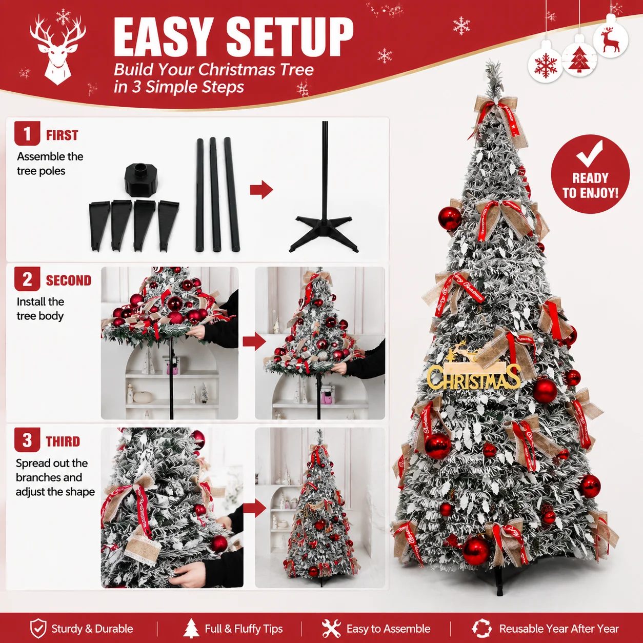 Foldable Christmas Tree with LED Lights Snow Flocked Artificial Xmas Tree Slim Space Saving Party Home Holiday Decoration