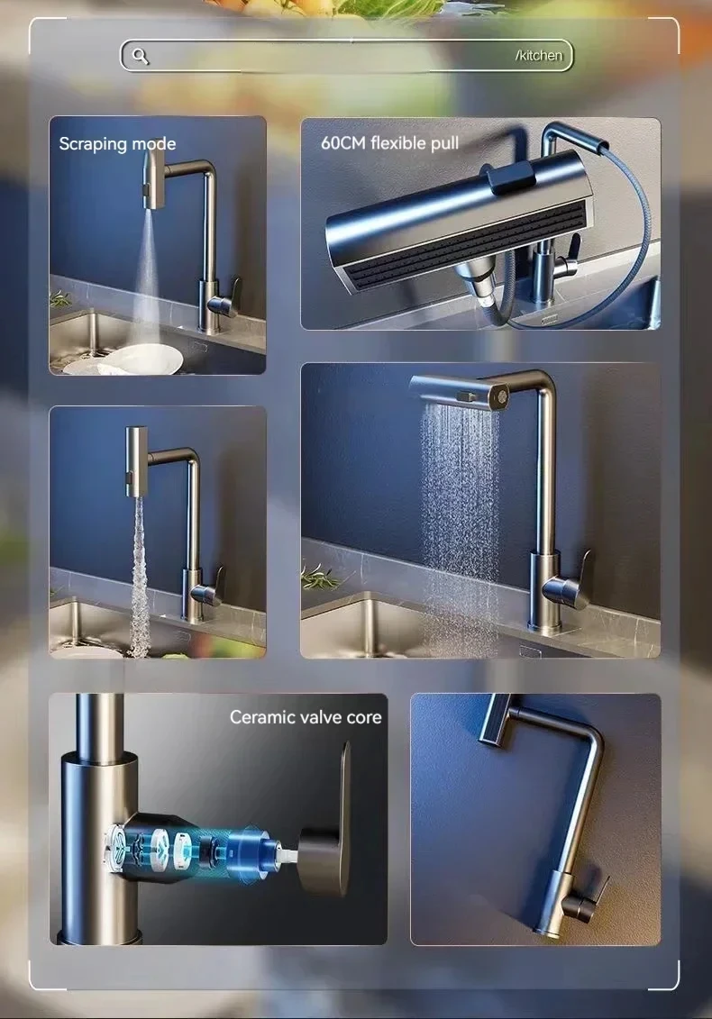 Grey/Silver Pull Out Kitchen Faucet, Flexible Hot and Cold Water Kitchen Sink Mixer Faucet Deck Mounted with Stream Shower Mode Grey/Silver Pull Out Kitchen Faucet, Flexible Hot and Cold Water Kitchen Sink Mixer Faucet Deck Mounted with Stream Shower Mode