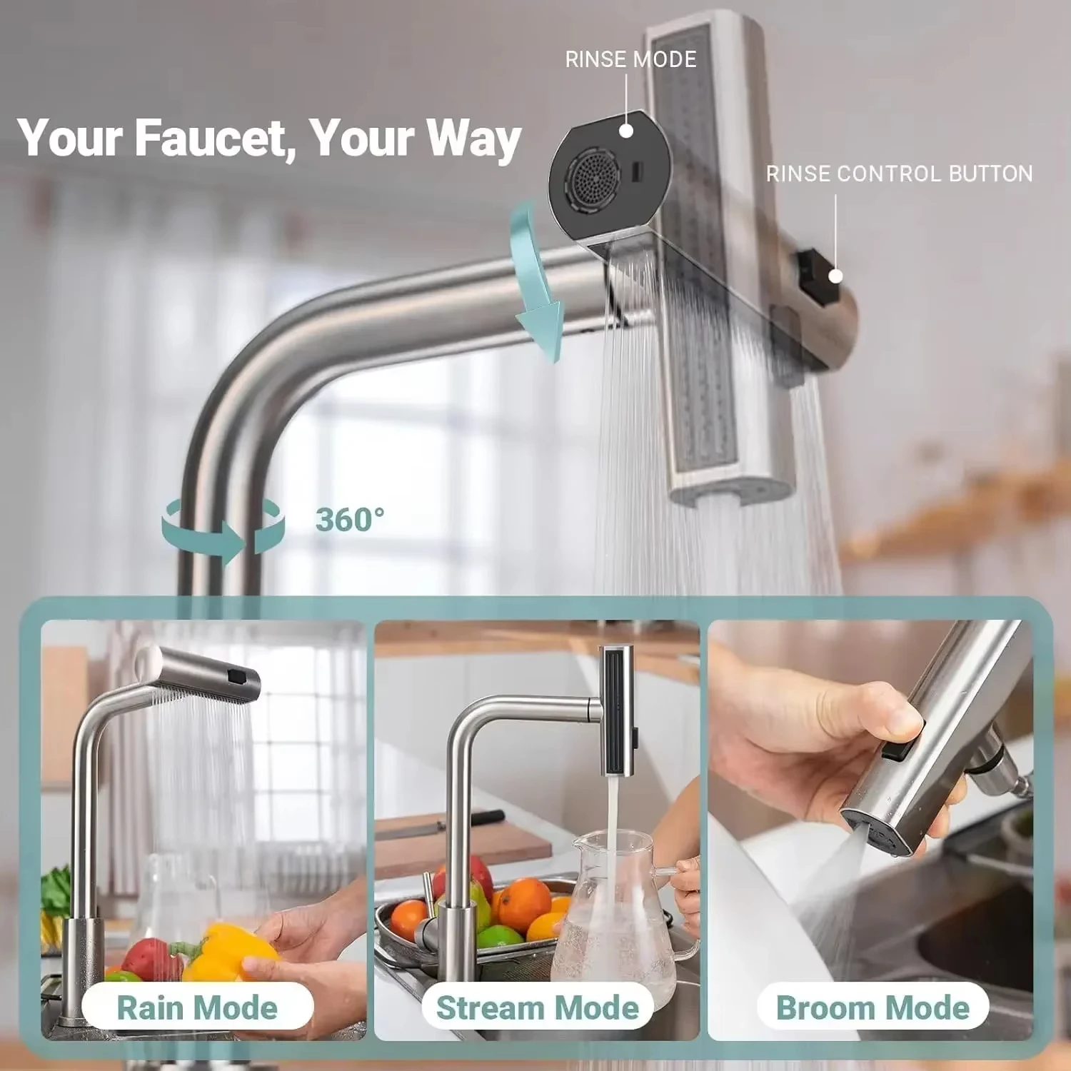Grey/Silver Pull Out Kitchen Faucet, Flexible Hot and Cold Water Kitchen Sink Mixer Faucet Deck Mounted with Stream Shower Mode Grey/Silver Pull Out Kitchen Faucet, Flexible Hot and Cold Water Kitchen Sink Mixer Faucet Deck Mounted with Stream Shower Mode