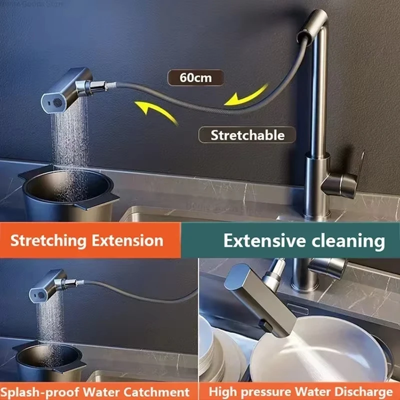 Grey/Silver Pull Out Kitchen Faucet, Flexible Hot and Cold Water Kitchen Sink Mixer Faucet Deck Mounted with Stream Shower Mode Grey/Silver Pull Out Kitchen Faucet, Flexible Hot and Cold Water Kitchen Sink Mixer Faucet Deck Mounted with Stream Shower Mode