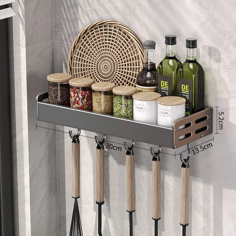 Gunmetal Space Aluminum Kitchen Storage Rack – No-Drill Wall Mounted Multi-Functional Organizer for Spice Jars and Knives Color: 30cm A Gunmetal Space Aluminum Kitchen Storage Rack - No-Drill Wall Mounted Multi-Functional Organizer for Spice Jars and Knives Color: 30cm A
