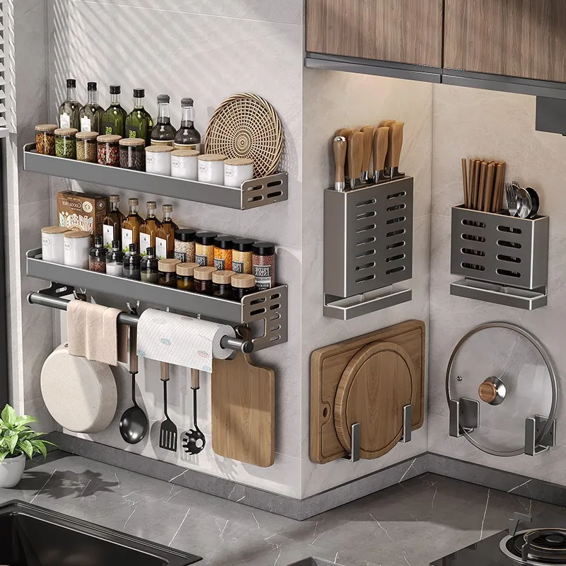 Gunmetal Space Aluminum Kitchen Storage Rack – No-Drill Wall Mounted Multi-Functional Organizer for Spice Jars and Knives Gunmetal Space Aluminum Kitchen Storage Rack - No-Drill Wall Mounted Multi-Functional Organizer for Spice Jars and Knives