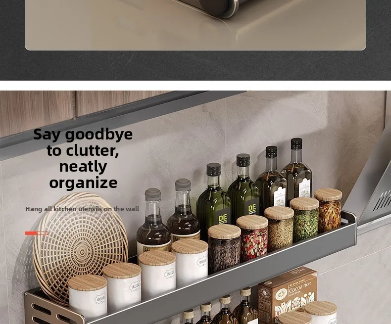 Gunmetal Space Aluminum Kitchen Storage Rack - No-Drill Wall Mounted Multi-Functional Organizer for Spice Jars and Knives
