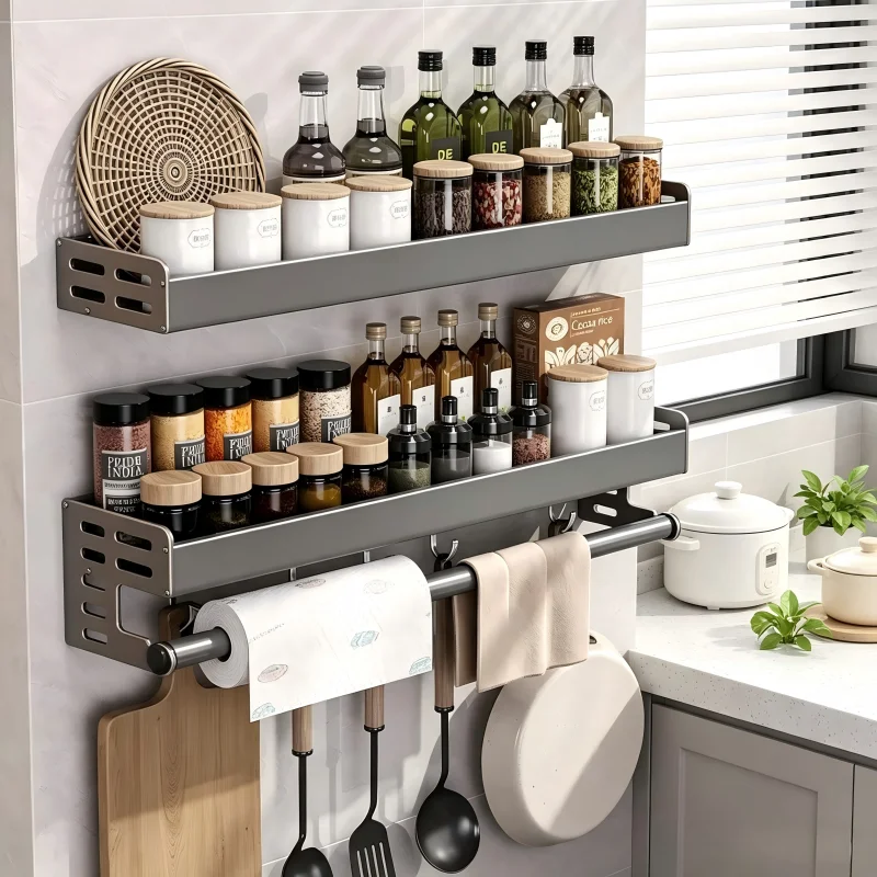 Gunmetal Space Aluminum Kitchen Storage Rack – No-Drill Wall Mounted Multi-Functional Organizer for Spice Jars and Knives Gunmetal Space Aluminum Kitchen Storage Rack - No-Drill Wall Mounted Multi-Functional Organizer for Spice Jars and Knives