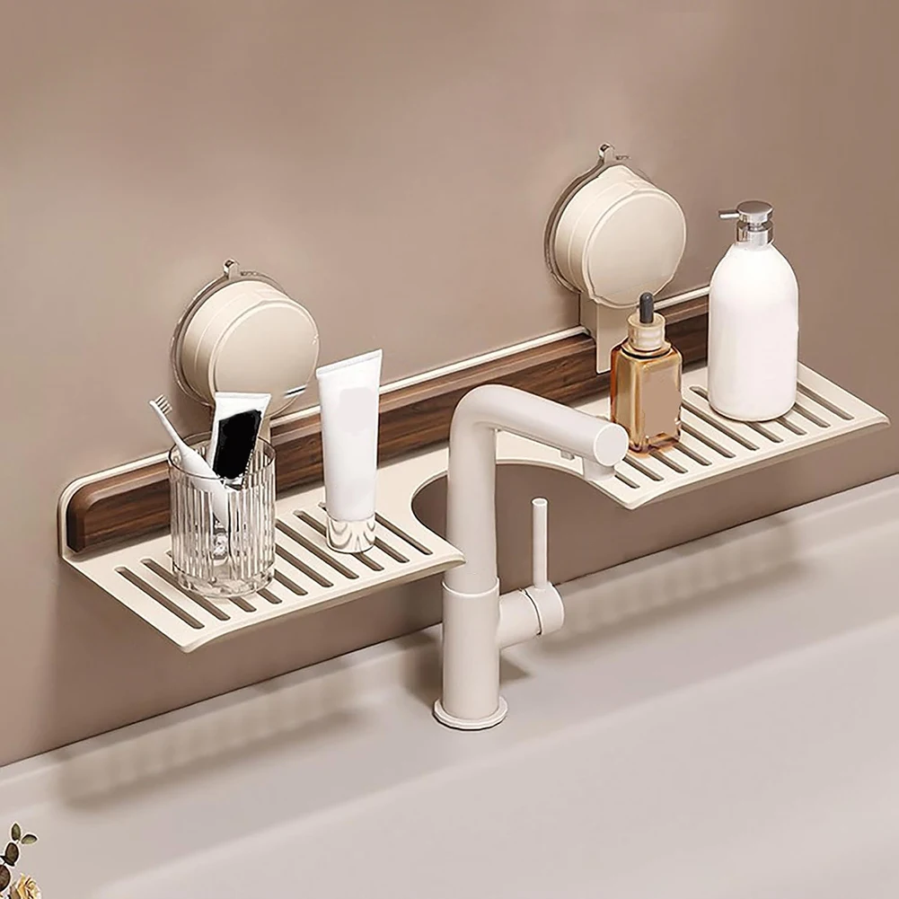 Walnut Suction Cup Bathroom Shelf Heavy Duty Storage Rack Over Faucet Sink Rack Bathroom Accessories
