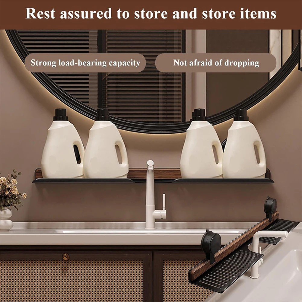 Walnut Suction Cup Bathroom Shelf Heavy Duty Storage Rack Over Faucet Sink Rack Bathroom Accessories