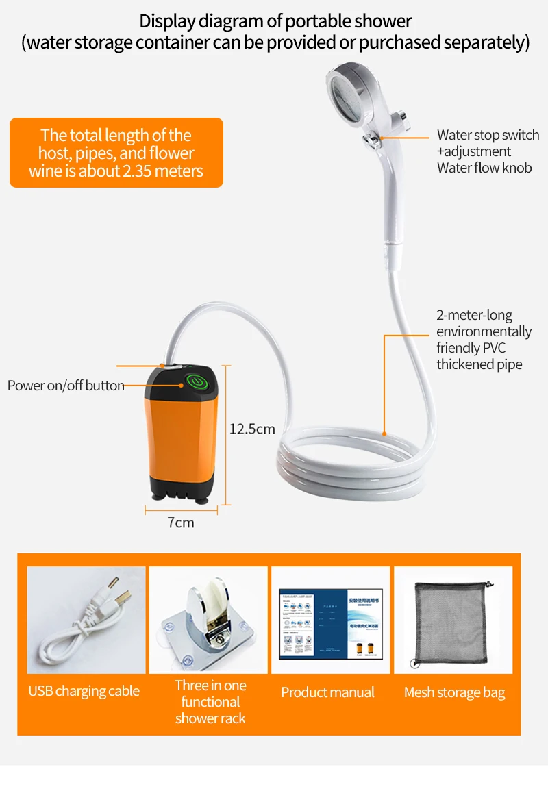 IPX7 Waterproof with Digital Display Portable Electric Shower Pump for Hiking Travel Beach Pet Watering
