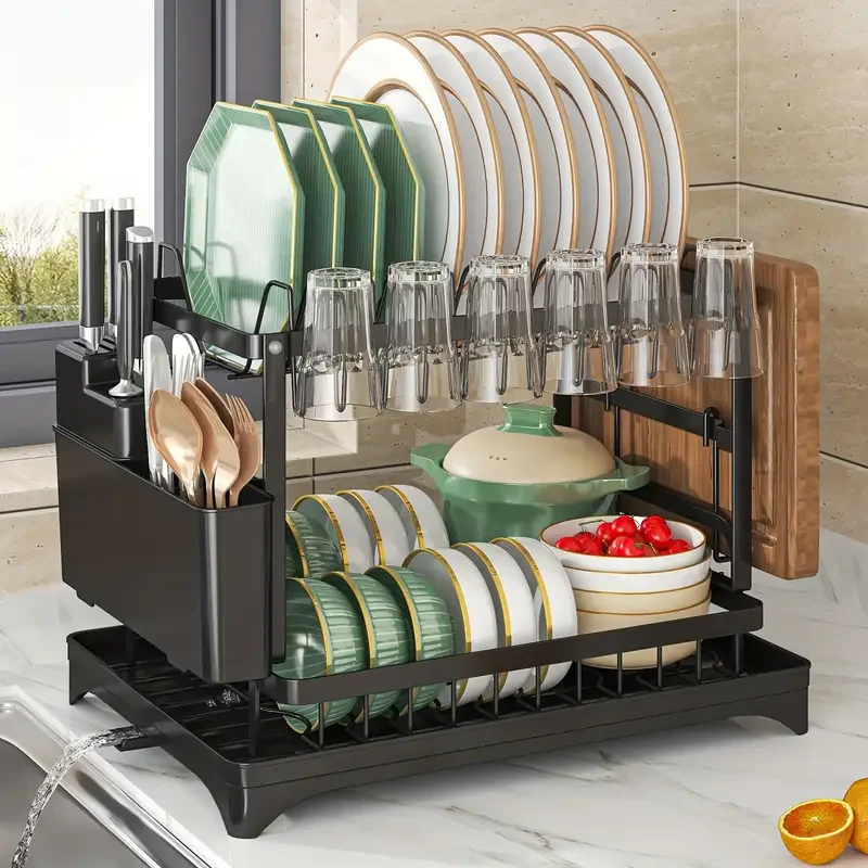 Multi-functional Dish Drying Rack, Kitchen Storage Organiser for Plates & Bowls, Snap-On Design, No-Drill Install